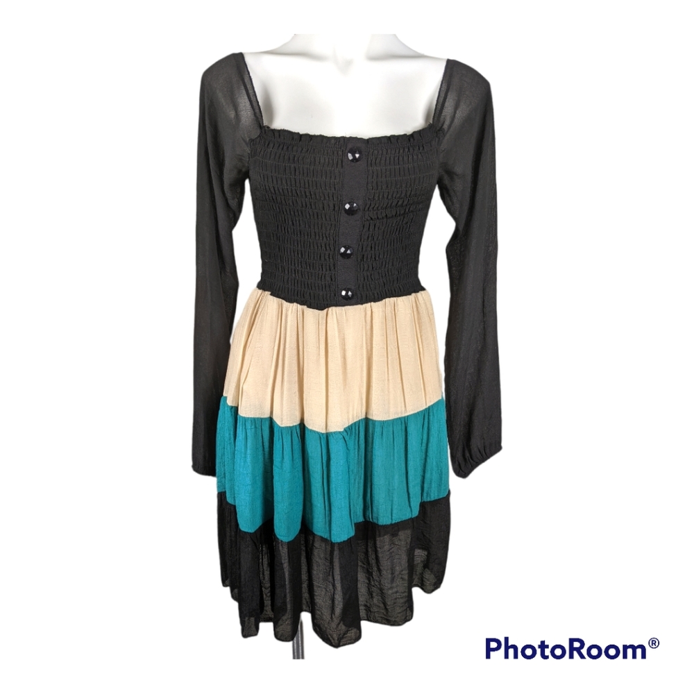 Fairy color block dress black green tan s